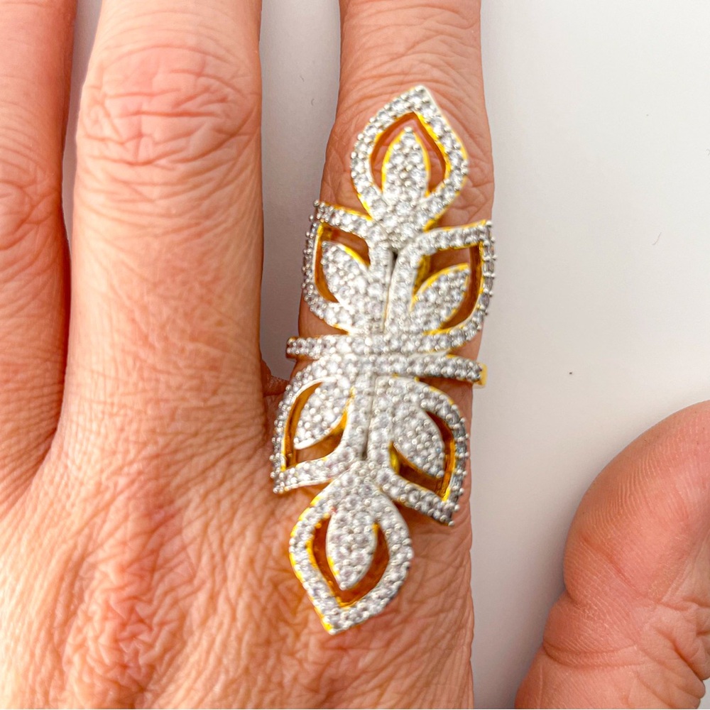 Seta Full Finger, Long Gold Toned Cubic Zirconia Ring. Size 8.25.